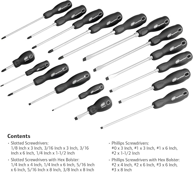 Ingersoll Rand 17 Piece Master Screwdriver Set with EVA Tray, Magnetized Tips, Hex Bolsters, SVCM Alloy Shafts, Soft Grip Handles, Slotted and Phillips - 752012
