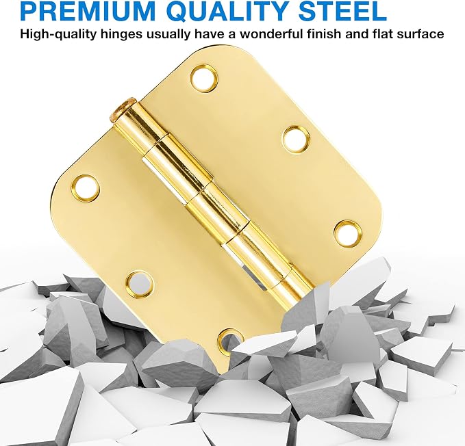 Door Hinges Polished Brass 3.5 Inch Door Hinges Gold 6 Pack 5/8" Radius Corners 3-1/2 Interior Door Hinge for Doors Bedroom Yellow Shiny Luxury Residential Door Hardware Bright Brass Hinge JIW