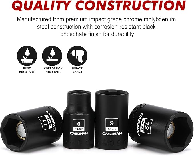 CASOMAN 14PCS 1/4"Drive Magnetic Impact Socket Set, Shallow, 6-Point, Metric, 4mm to 15mm, CR-MO Steel