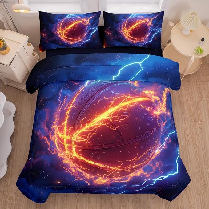 5 Pieces Basketball Comforter Full,Boys Basketball Bedding Set,Fire and Ice Basketball Theme Sports Comforter Set Full,Boys Bed Set with Sheets(Blue)
