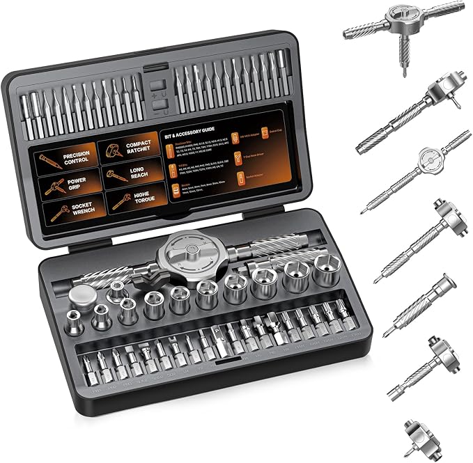 62 in 1 Magnetic Screwdriver Set, T Handle Ratchet Screwdriver Set with Case, Multi Bit & 10 Hex Sockets, Repair Tool Kit for Furniture, Bicycle, Electronics, Wactch, DIY & Gift for Men