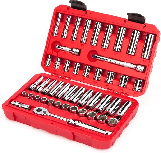 TEKTON 3/8 Inch Drive 6-Point Socket and Ratchet Set, 46-Piece (5/16-3/4 in., 8-19 mm) | SKT15301 | (5/16 - 3/4 in., 8 - 19 mm), Shallow and Deep, Case