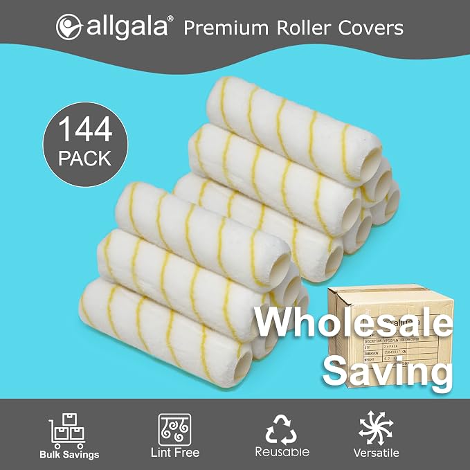 Allgala Paint Roller Covers, 144 Case Pack 9 Inch Shedless Lint Free Painter Roller Covers 1/2 in Roller Naps for Paint Roller Kit for House Painting and Professional Projects