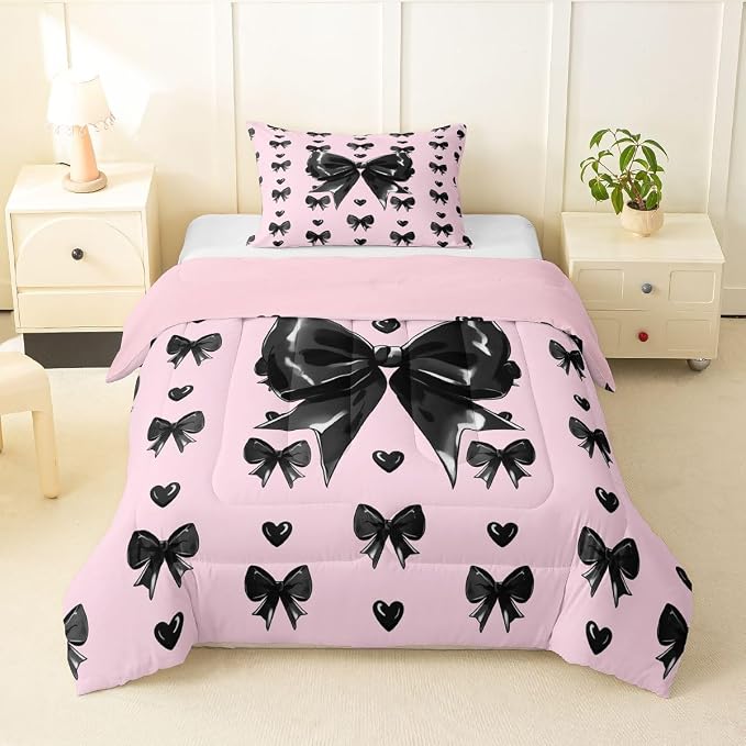 Feelyou Cute Pink Bow Comforter Set All Season Girly Bow Bedding Set with 1 Pillow Cases Love Hearts Bowknot Microfiber Kids Twin Bedclothes Bedroom Decor Duvet Quilt Breathable Soft Lightweight