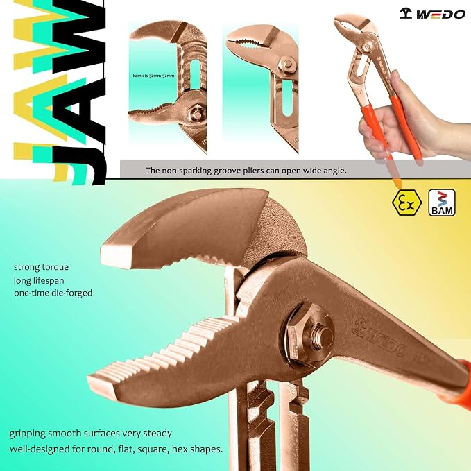 WEDO 12" Groove Joint Pliers,Tongue-and-Groove Pliers,Beryllium Copper,Non-magnetic,Length 300mm,Max jaw opening 55mm,DIN Standard, BAM & FM Certificate