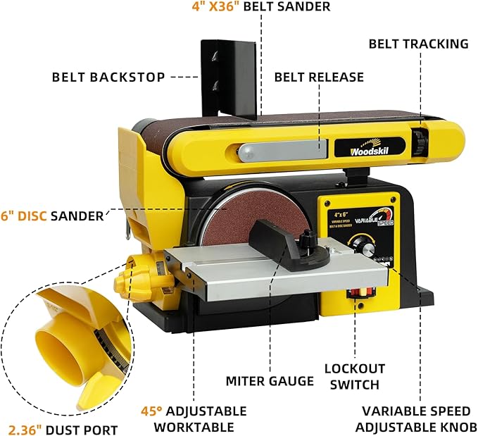 Woodskil Variable Speed Belt Disc Sander, 4 x 36 Inch Belt & 6 Inch Disc 3A Benchtop Sander Combo Machine, 2000-4000 RPM, 1060-2110 FPM for Woodworking, DIY