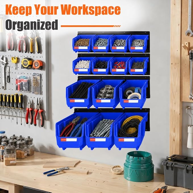 14pc Wall-Mounted Organizer V1 V2 V3 Master Combo Set Blue | Heavy duty metal rails multi-size bins master set for garage screws, tools, batteries & wrenches.