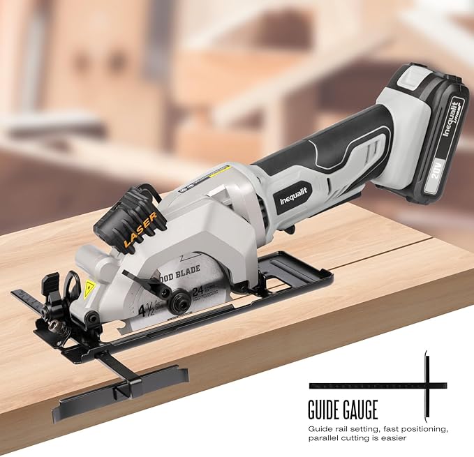 Cordless Mini Circular Saw, 4-1/2 Inch 3400 RPM Circular Saw with Laser Guide, Rip Guides, 2 Blades (24T Wood + 60T Metal), Max Cutting Depth 1-11/16" (90°), 1-1/8" (45°)"