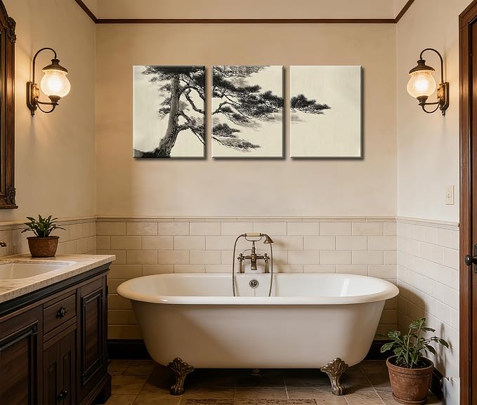 Frimeeme Vintage Sketch Pine Tree Framed Canvas Wall Art Set of 3, Antique Wilderness Forest Wall Decor, Nature Botanical Landscape, 12x16 Inch，Modern Landscape Prints for Living Room Bedroom, 12x16 Inch