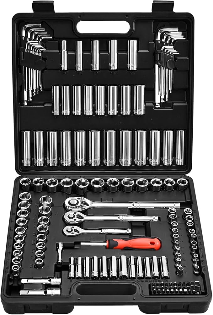 VEVOR Socket Set, 149 Pieces, 3/8 & 1/4 & 1/2 inch Drive Socket and Ratchet Set, SAE and Metric, Deep and Shallow, Mechanic Tool Kit with Bits, Accessories, Storage Case, CR-V Alloy Steel, for Repair | CR-V, SAE and Metric, Deep and Shallow, Tool Set w...