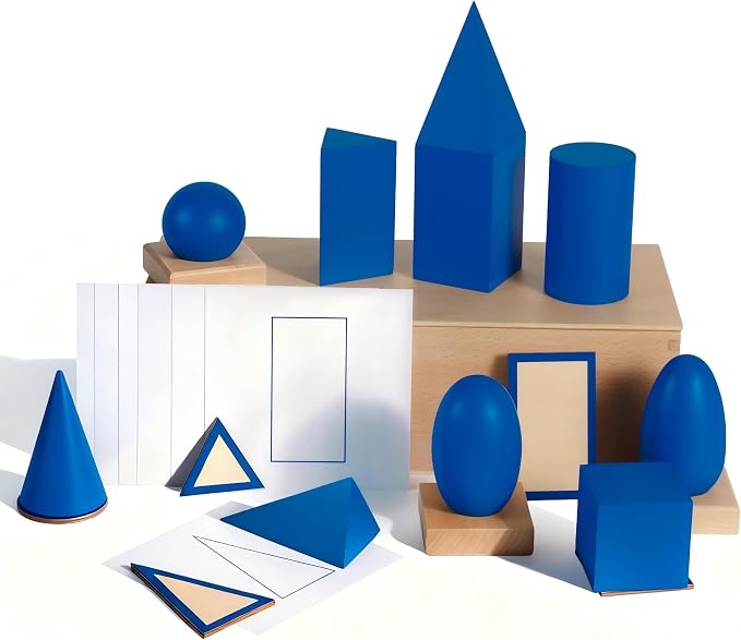 Premium Montessori Geometric Solids with Matching Cards – Solid Beechwood 3D Shapes, Plane Figures, Stands & Cards, Sensorial Geometry Materials for Spatial Awareness, Homeschool Classroom Kids 3-9