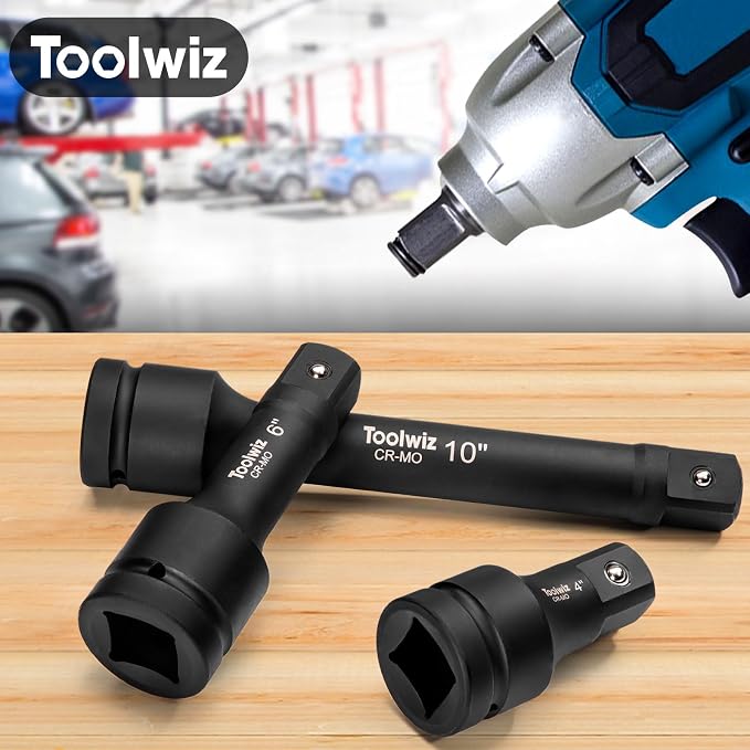 Toolwiz 1" Drive Impact Extension Bar 4", 6", 10" (3 Piece) Cr-Mo Steel | 1" Socket Extension Set, Black, Locking Pin, PVC Box Organized, for Mechanical Equipment Repair, Use with Air Impact Wrenches