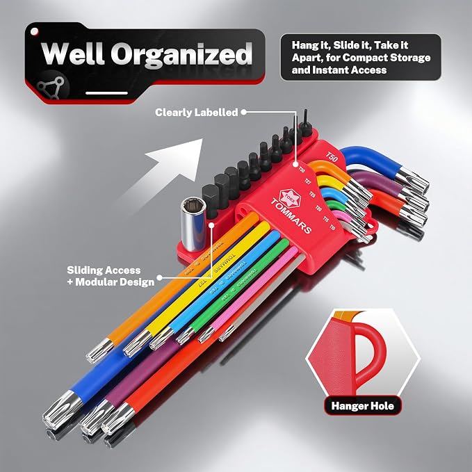 TOMMARS 9-PC Magnetic Torx Wrench Set, Color Coded T-Handle & Long Arm | Magnetic Head for Precision, TORX(T10-T50), Color Coded, Includes Screwdriver Bit Set & Adapter, S2 Steel