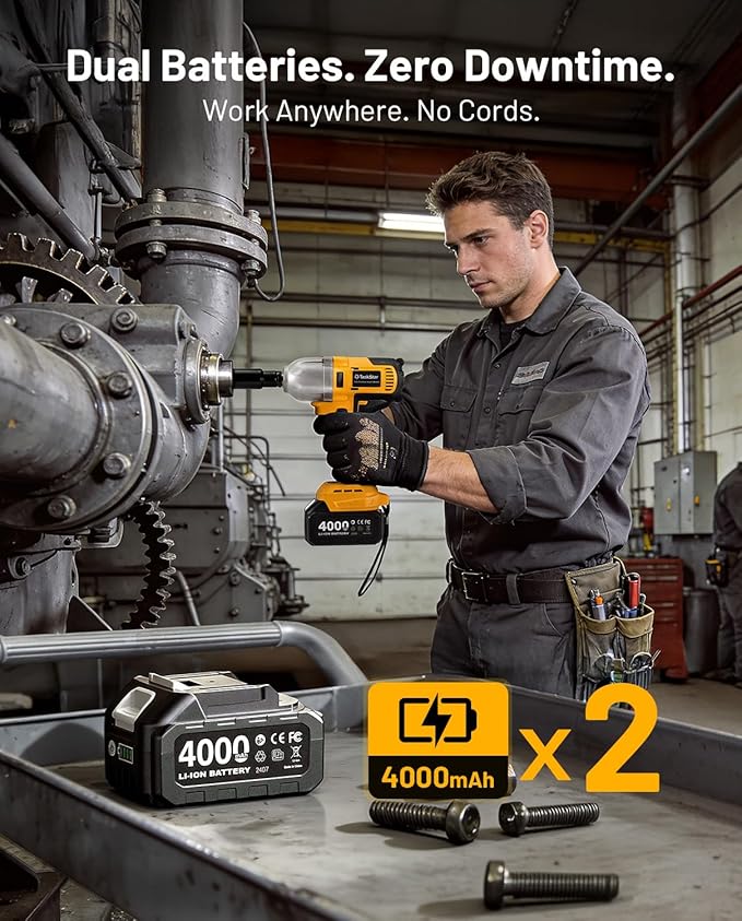 1/2" Cordless Impact Wrench, 1400N·m(1032ft・lbs) Brushless High Torque Impact Gun, Electric Impact Driver, 2x4.0Ah Batteries, LED Light, Charger, 6 Sockets, 3 Variable Speeds for Car/ Pickup/Mower