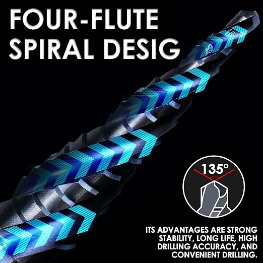 Matework M35 Cobalt Step Drill Bit, Four Spiral Flute Unibit Step Drill Bit (1/8"-1/2") Wear-Resistant TiAlN Coated, 1/4" Hex Shank for Metal, Carbon Steel, Stainless Steel, Wood, Plastic (13 Size)