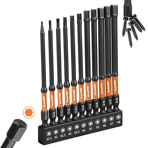 GRENPRO 11PCS Impact Hex Head Allen Wrench Drill Bit Set(Metric), 1/4" Hex Shank S2 Steel Magnetic Hex Bits, CNC Machined Tips, 4 Inch Length with Storage Box