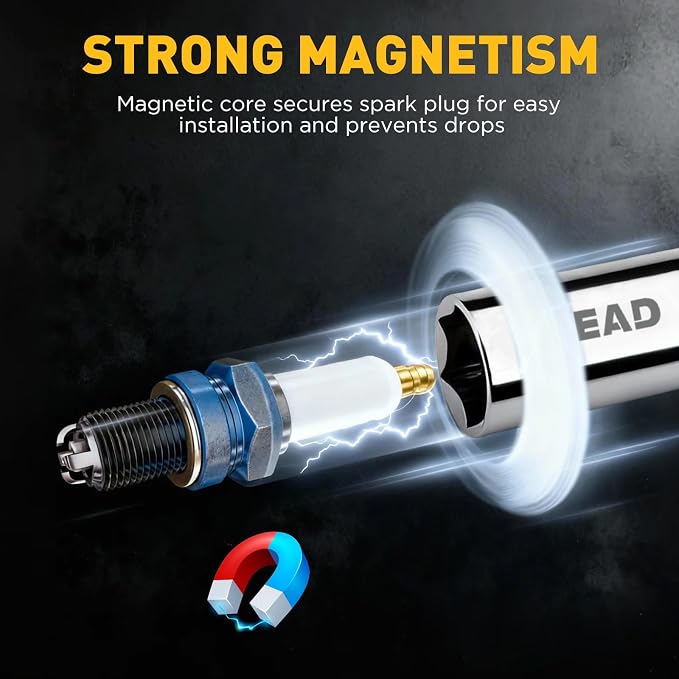 9/16" Swivel Magnetic Spark Plug Socket, 3/8" Drive x 6" Total Length, Thin Wall Spark Plug Removal Tool, 360 Degree Swivel, Enhanced Magnetic, 6-Point Design, Cr-V Steel