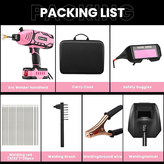 SakerPlus Portable Welding Machine, 110V Portable Welder Handheld, ARC Portable Welder with IGBT Inverter 5 Variable Current Adjustment, Helmet,Carring Case Included(Pink,25pcs 3/32" Wire Rods)