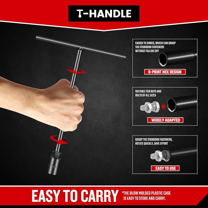 T-Handle Wrench Socket Set, 6-Point Cr-V Steel T Wrench Set Metric Size 6mm to 19mm, Lug Tool Socket with Long Reach for Motorcycle Bicycle Car Repair (11 Pack)