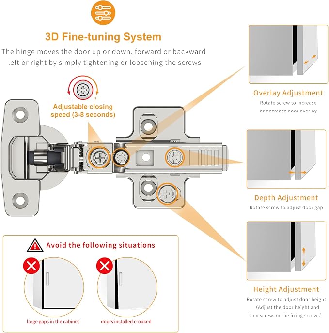 Chibery 20 Pack Frameless Half Overlay Soft Close Concealed European Hinges, Self Closing Satin Nickel, 105 ° Open Angle 4D Adjustment, Speed Control, Clip On, Stainless Steel for Cabinet Door