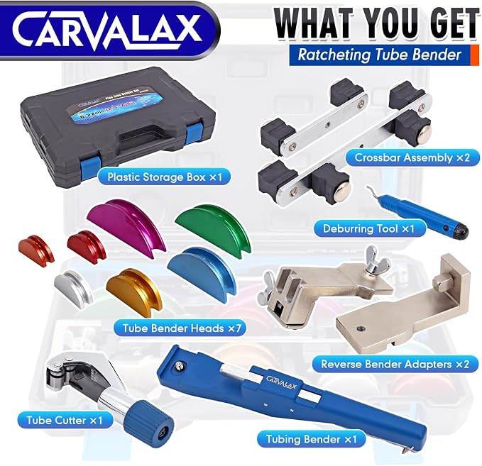 CARVALAX 90° Ratcheting Tube Bender Kit - 7 Color-Coded Aluminum Heads for 1/4" to 7/8" Pipes, Reverse-Bend Adapters & Portable Toolbox, Tube Cutter & Deburring for HVAC/Heating Repair (Blue）