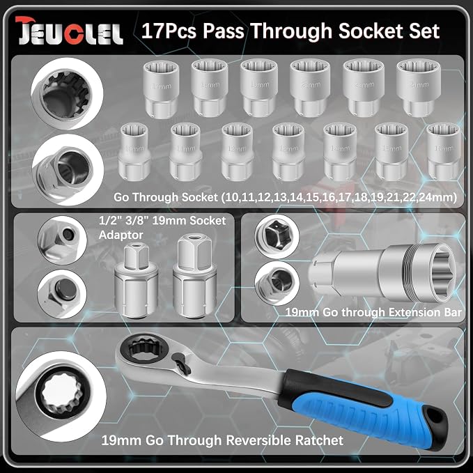 17PCS Pass Through Socket Set, Chrome Vanadium Steel, Versatile Space-Saving Design, Efficiency and Dependability, Enhanced Grip and Accessibility | Metric, Deep Socket Wrench Adapter, Reversing Ratchet, Extension Bar, Cr-V Steel, Low Profile, Long Bol...