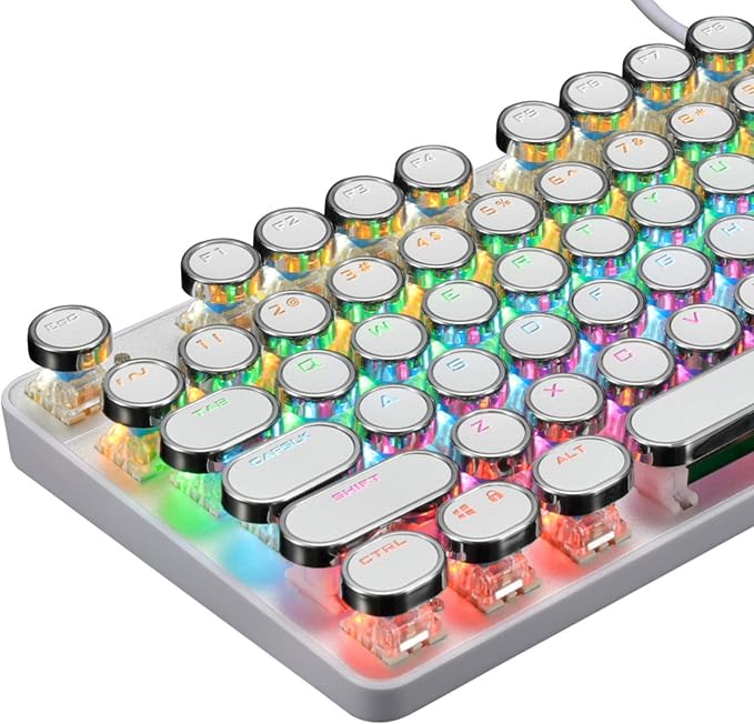 YSCP Typewriter Style Mechanical Gaming Keyboard Rainbow Backlit Wired with Blue Switch Retro Round Keycap 104 Keys Keyboard (L-White)
