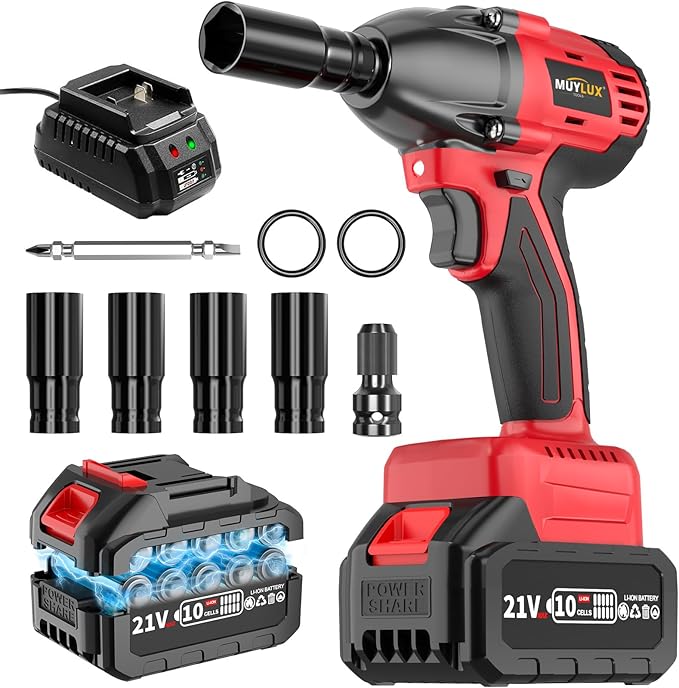 4.0Ah Battery Cordless Impact Wrench, Brushless 1/2 Impact Gun, 320Ft-lbs(430N.m) 20V High Torque Power Impact Driver, Electric Impact for Car Home, Red