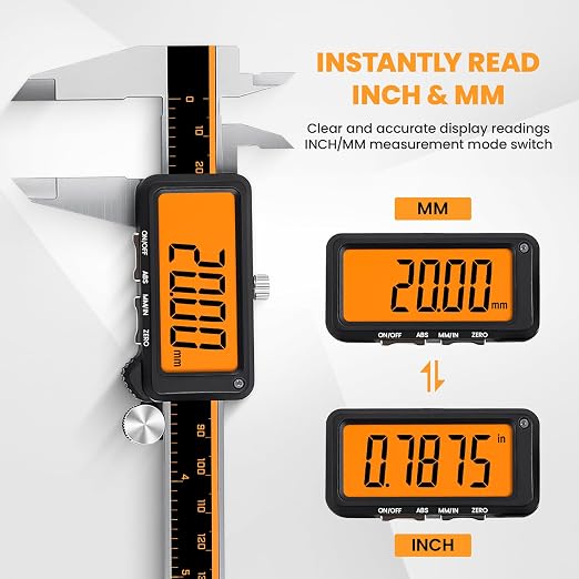HARDELL Digital Caliper, Rechargeable Calipers with Large Orange Screen (No Backlight), Anti-Glare LCD & ABS Function, in/MM Caliper Measuring Tool, Stainless Steel Micrometer -Auto Off for Household