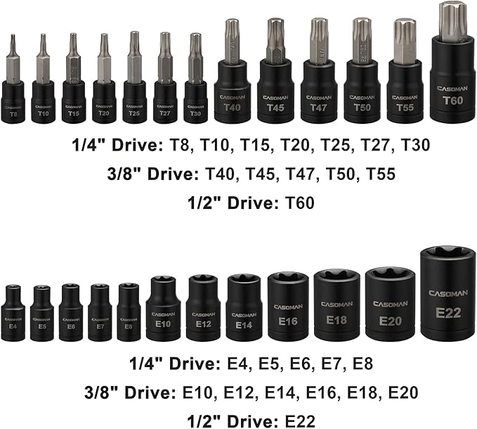CASOMAN 25 Piece Torx Bit Socket and External Socket Set, 13 Star Socket Bits (T8- T60)& 12 Female E-Torx Sockets (E4-E22)