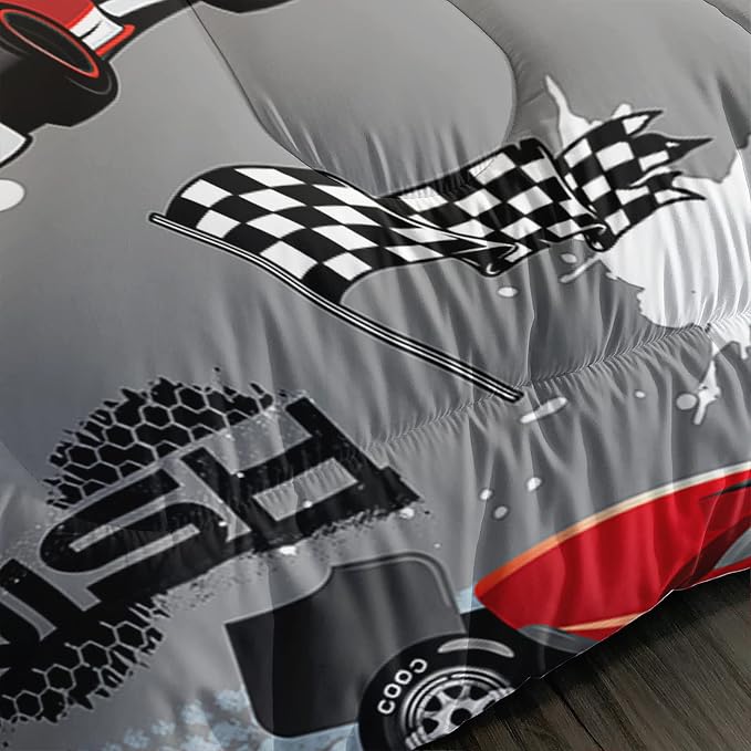 Axolotl Kid Comforter Set Twin Size,Racing Car Bedding Set for Boys Girls Teen Kids Children Racing Gifts,Race Cars Quilt Bed Set with 1 Comforter 2 Pillowcases,Red Grey
