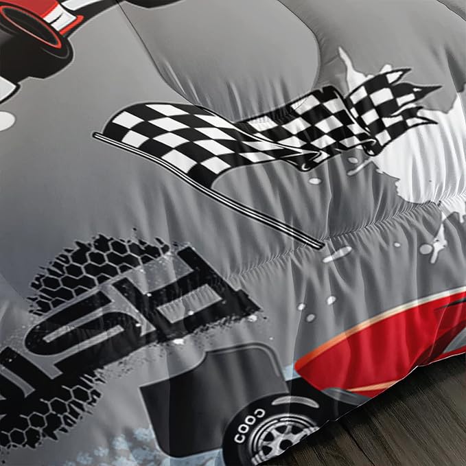 Axolotl Kid Comforter Set Queen Size,Racing Car Bedding Set for Boys Girls Teen Car Racing Gifts,Race Cars Quilt Bed Set with 1 Comforter 2 Pillowcases,Red Grey