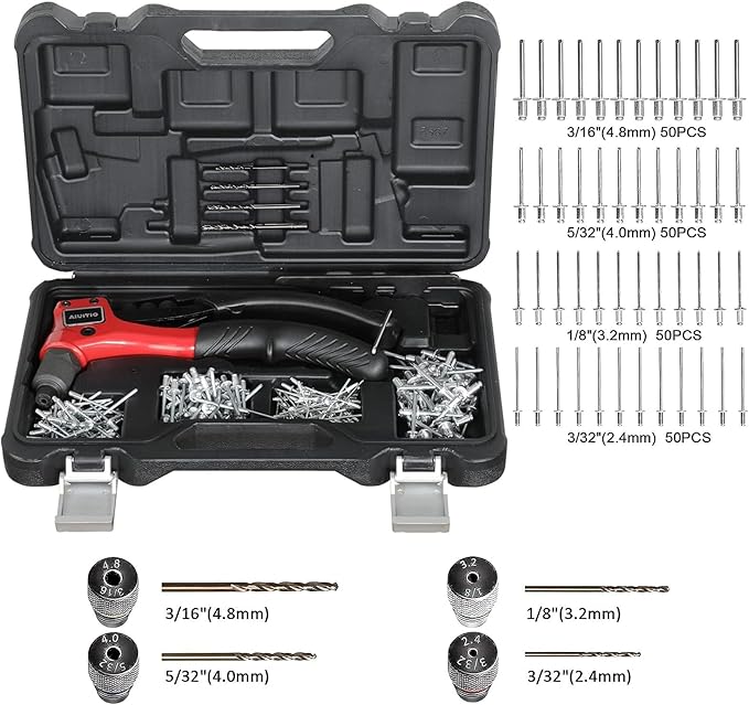 Rivet Gun, AIUITIO Pop Rivet Tool Kit with 200 Rivets and 4 Drill Bits, Manual Hand Riveter Kit with Rugged Carrying Case