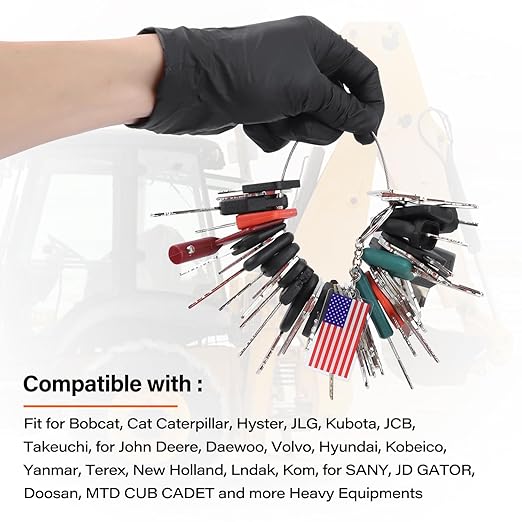 50 Pcs Equipment Keys Master Set, Compatible with CAT Caterpillar Bobcat JCB John Deere Case Kubota Volvo Komatsu Hyster Jlg Yanmar, Construction Heavy Equipment Ignition Keys with US Flag Keychain
