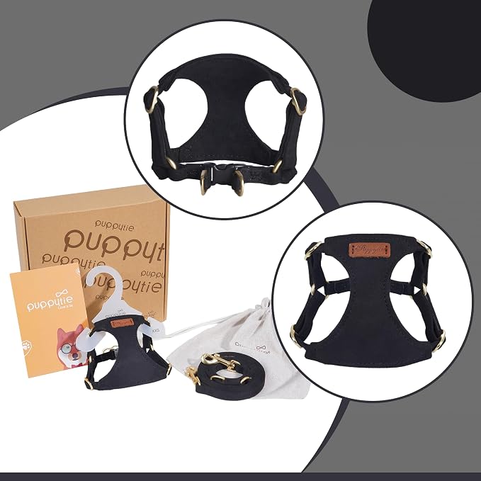 Puppytie Small Dog Harness and Leash Set, Black, S (9-17.5 lbs) | Dog Harness Small Sized Dog, Dog Leash for Small Dogs, Soft and Lightweight, Puppytie Dog Harness for Daily Walks