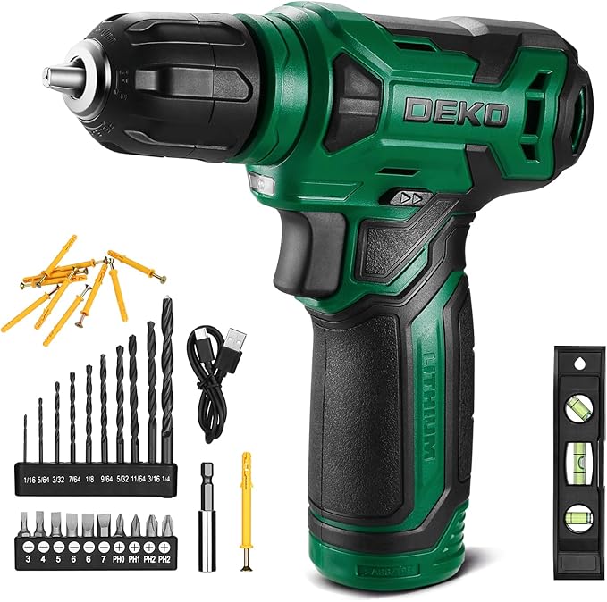 DEKOPRO 8V Cordless Drill, Drill Set with 3/8"Keyless Chuck, 42pcs Acessories, Built-in LED, Type-C Charge Cable, Green Power Drill for Drilling and Tightening/Loosening Screws