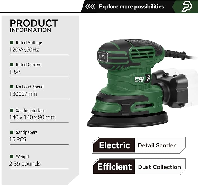 Prostormer Detail Sander, 13000RPM Mouse Sander, 1.6A Electric Palm Sanders with 15Pcs Sandpapers, Dust Collection Box for Tight Spaces Sanding, Polishing, Woodworking in Home Decoration