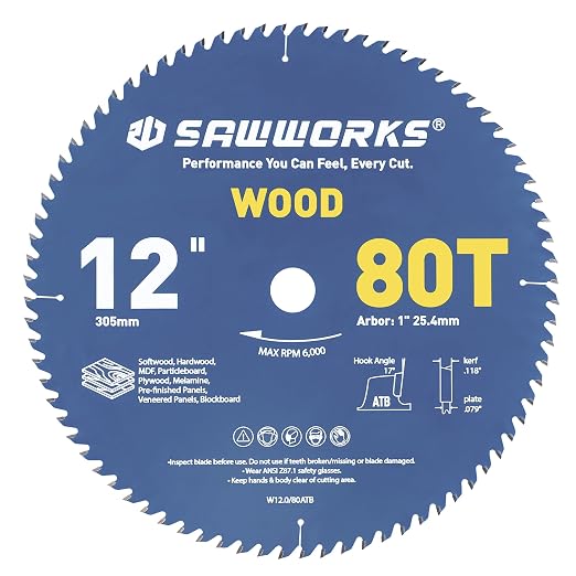 SawWorks 12" 80T ATB Carbide Circular Saw Blade, 1" Arbor, Sliding Miter Saw Trim Veneer Panel Wood Cutting Blade