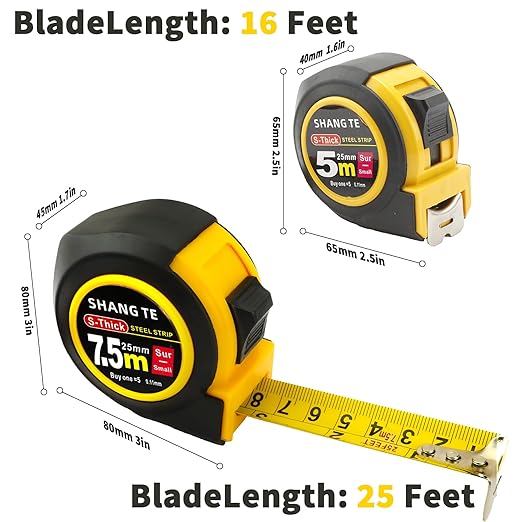 2 Packs Tape Measure 25 ft /16 ft, Steel Measuring Tape Retractable, 25-Foot /16-Foot Basics Self-Locking Measurement Auto Lock Tape Rule Imperial/Metric Tape Measure for Body Measurements