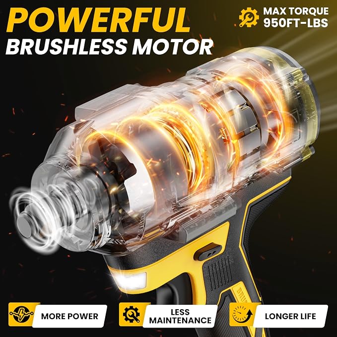 Cordless Impact Wrench 1/2 inch for Dewalt Battery, Impact Wrench 1360N.m(950Ft-lbs) High Torque Brushless Electric Impact Gun, Power Impact Driver with 3-Mode Speed, LED Work Light(no battery)