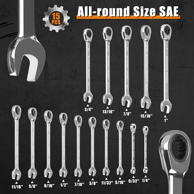 Egofine 15-piece SAE Ratcheting Wrench Set, SAE 1/4" to 1" Chrome Vanadium Steel, 12-Point, 72-Teeth Open End and Box End Combination Tool with a Roll Up Storage Bag