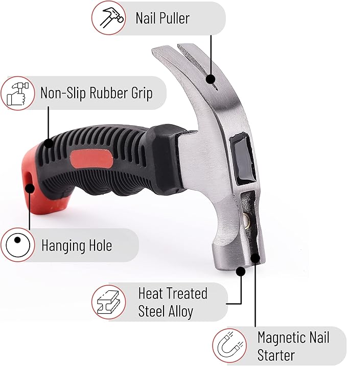 Mr. Pen- Claw Hammer, 8oz, Red, Magnetic, Small Claw Nail Hammer for Women for Camping, Wood Working, House Repairs, Claw, Stubby, Tack