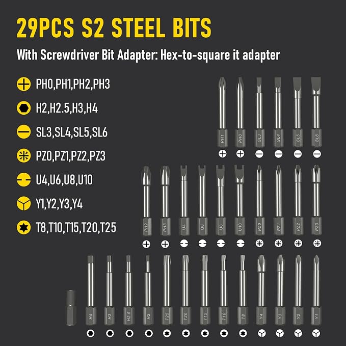 Electric Screwdriver Cordless, Max 7Nm Mini Electric Screwdriver 3-Speed Torque, 5V Power Screwdriver Set with 29 S2 Bits and Magnetic Case for Household Electronics Repair DIY