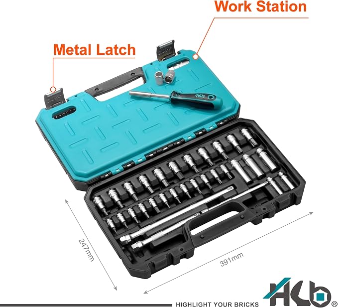 HB 101-Piece Socket Set AKX005-U, 90-Tooth Flex Head Ratchets 3/8"&1/4" Drive, Patented Non-Slip Metric SAE Sockets, Deep & Standard, Extension Bars, Bit Sockets, Rails, Case, Made in Taiwan