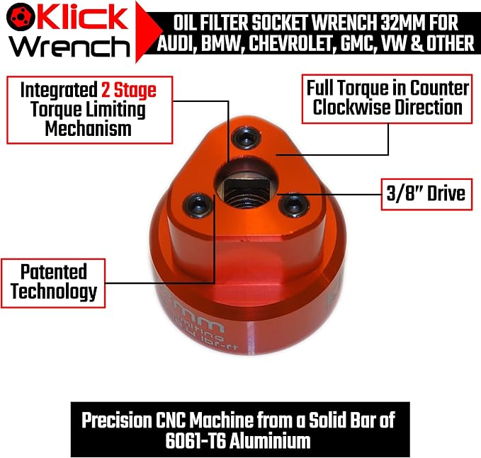 32mm Hex Socket 2 Stage Torque Limiting Oil Filter Wrench Red 6061-T6 Billet Aluminum