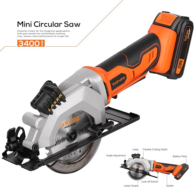 Yunirvana Mini Circular Saw, 20V 3400RPM Professional Cordless Circular Saw, Adjustable Angle and Depth,Max Cutting Depth 1-2/3"(90°), 1-1/8"(45°), Laser Guide, Rip Guide