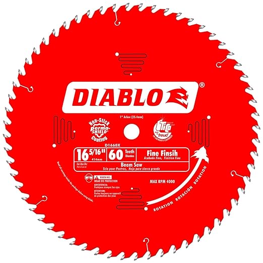 Diablo Fine Finish Saw Blade for Wood - 16-5/16" Diameter, 60 ATB Teeth, 1" Arbor, .114" Kerf, 22° Hook Angle, .079" Plate, 4000 Max RPM - D1660X