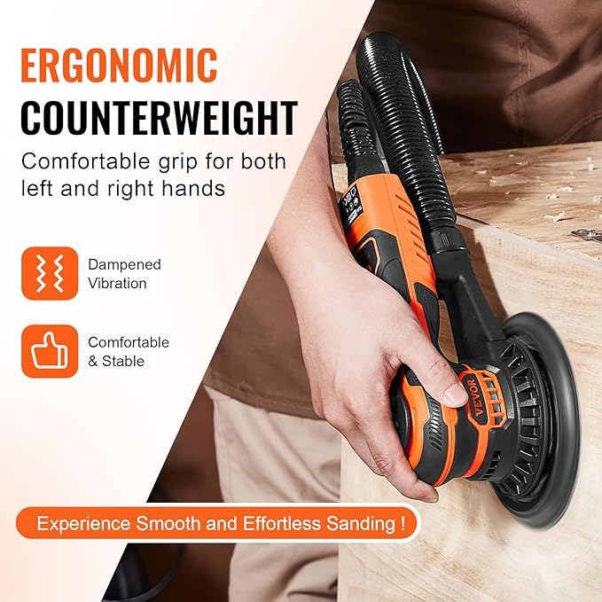 VEVOR Random Orbital Sander 6-Inch, 350W Brushless Orbital Sander, 10,000 PRM 6 Variable Speed Electric Palm Sander with 10PCS Sandpapers, Dust Connector & Hose for Woodworking Detailing Sanding
