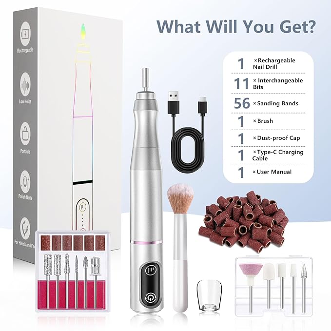 TUOBEO Cordless Nail Drill Electric Rechargeable File Kit, Professional Efile Acrylic Gel Nail Polish Remover Pedicure Manicure Machine Portable Set with 11 Bits 56 Sanding Bands for Salon Silver