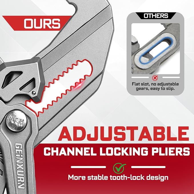 GEINXURN 7-Inch Pliers Wrench, 4PCS Smooth V-Jaw Pliers with 15-Position Push-Lock, Fast Adjustable Slip Joint Pliers Set for Plumbing, Home Repair, and Pipe Fittings